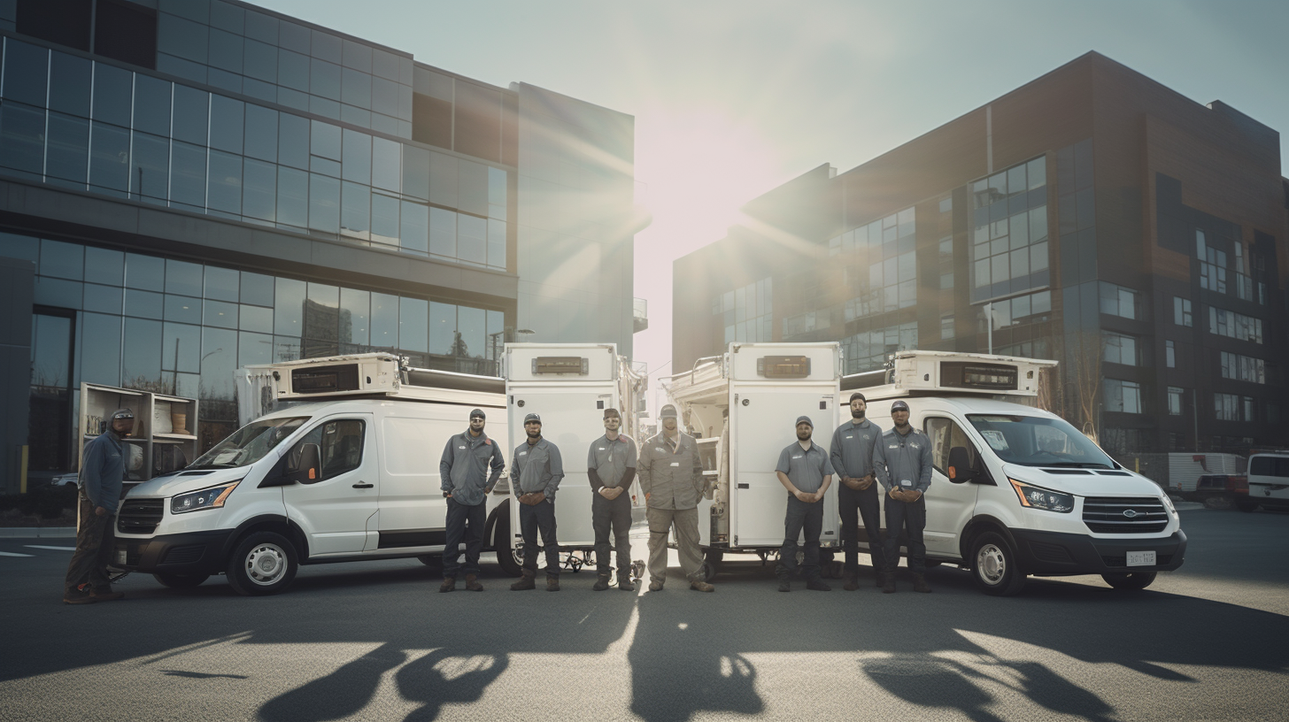 Our commercial electric vehicle crew in front of our service repair trucks.